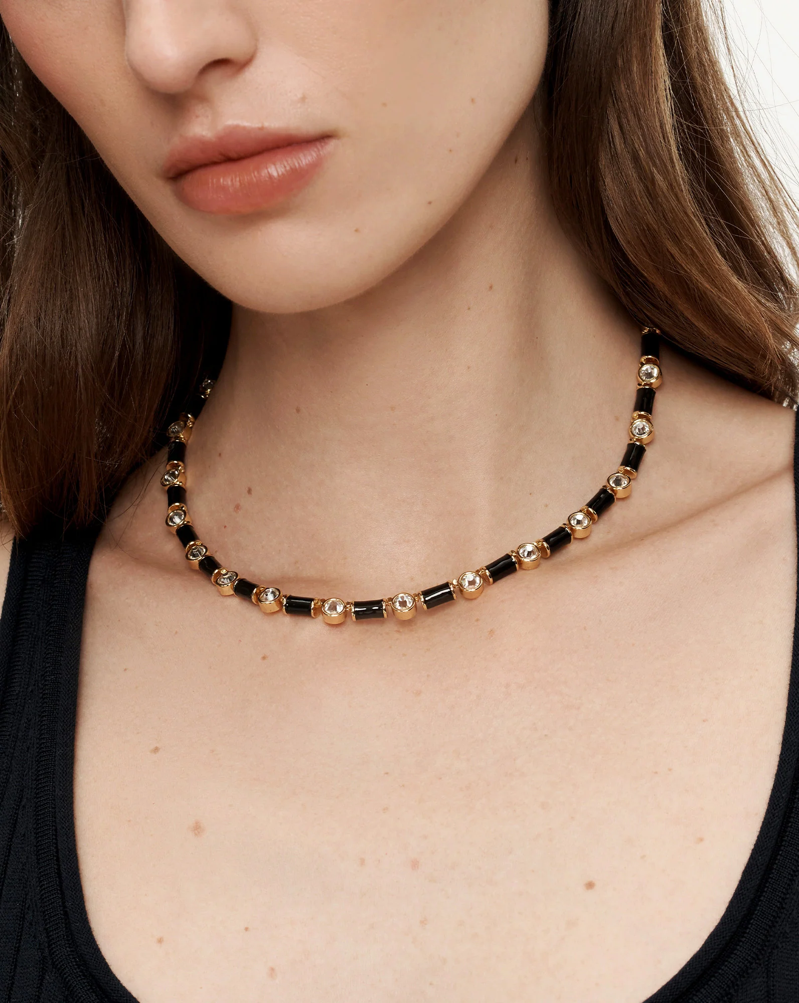 Black Enamel and Crystal Barrel Necklace - Image 2