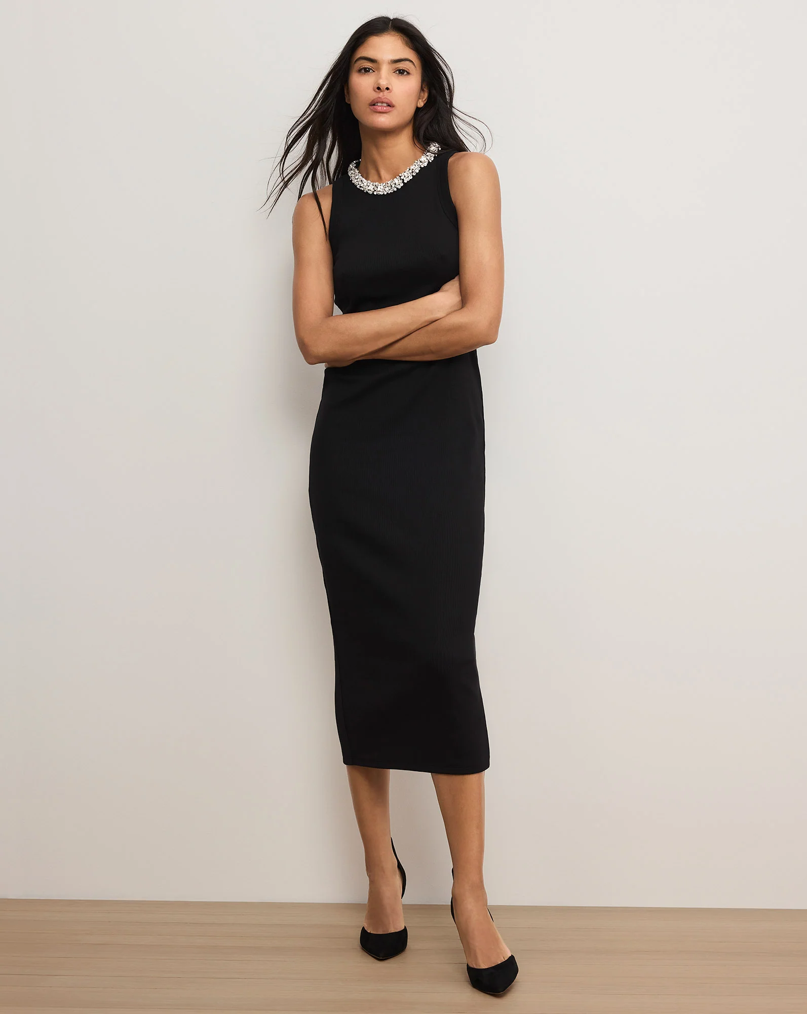 Jordyn Embellished-Collar Midi Dress